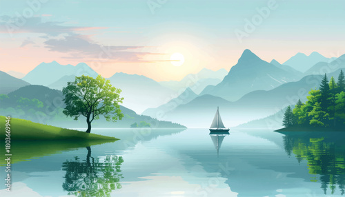 Calm lake at dawn with a sailboat and misty mountains. Tranquil morning sailboat ride on a clear mountain lake. Serene reflection of mountains and sailboat at sunrise
