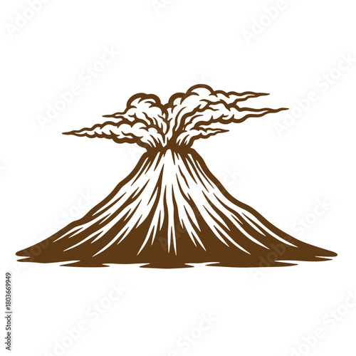 Brown sketch vintage volcano erupting with smoke and clouds isolated on white background