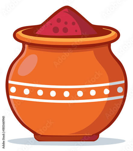 Colorful Earthen Pot with Gulal Powder for Indian Holi Festival