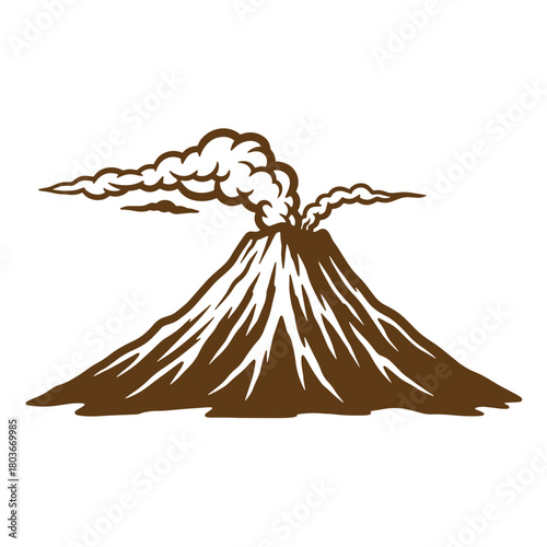 Brown vector illustration of a smoking volcano erupting with smoke and clouds