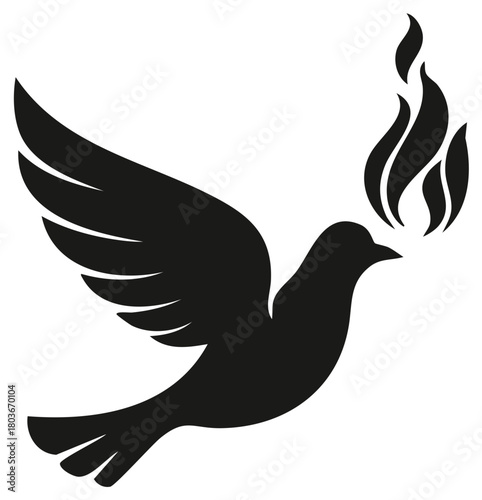 Black silhouette of a flying dove with a flame symbolizing peace, spirituality, and divine inspiration