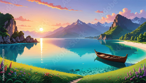 Majestic mountain backdrop with a peaceful boat on still waters. Tranquil lake scene with a boat and beautiful mountain range. Calm, reflective waters with a boat and stunning mountain views