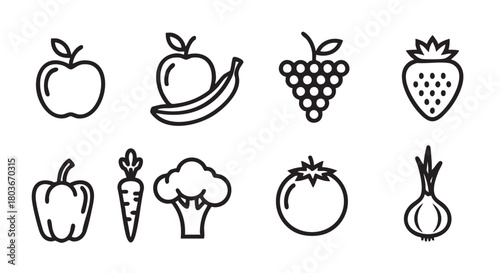 Healthy eating line art vegetables and fruits on white background
