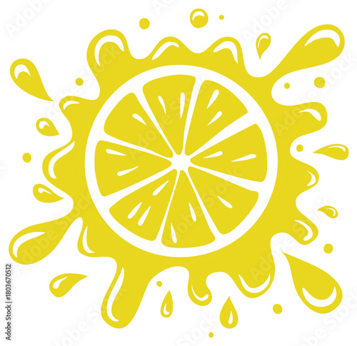 Vibrant Yellow Lemon Slice Splash and Droplets Illustration