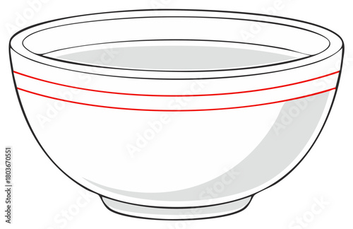 Empty white bowl with red stripes for eating food and serving at a table in the kitchen or dining room