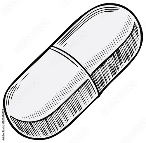 Pill capsule illustration. Black and white line art of a medication tablet isolated.