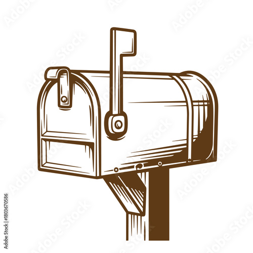 Classic sketch vintage mailbox on post representing communication and traditional delivery
