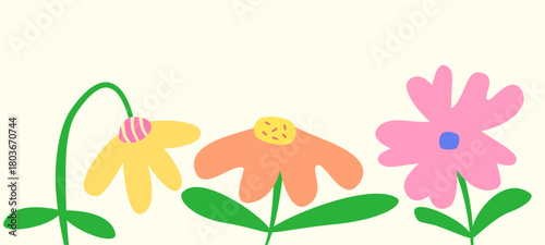 Playful yellow orange pink wildflower illustration with green leaves and stems, cheerful simple floral design in flat colors and happy mood