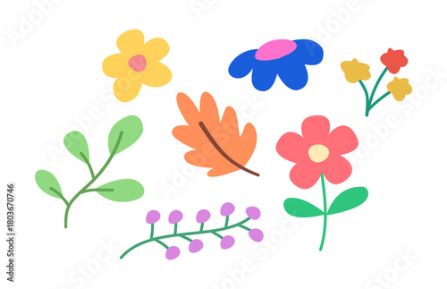 Colorful floral illustrations bright flower leaf stem blossom playful spring garden joy