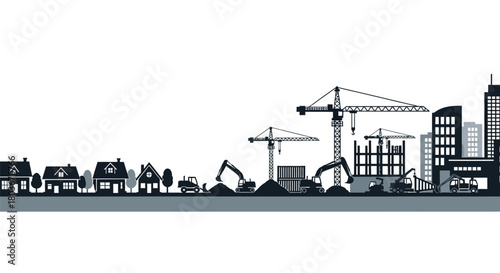 Dynamic city skyline with residential and industrial construction sites