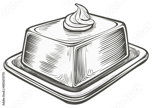 Vintage Butter Dish with Swirl of Butter Illustration