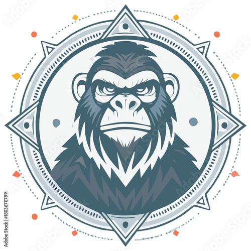 Stylized Gorilla Head within a Compass Rose Design
