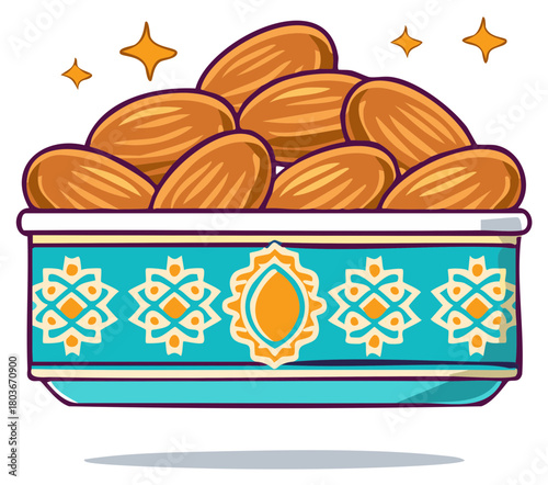 Cartoon illustration of a traditional bowl of dates for Ramadan Iftar celebration