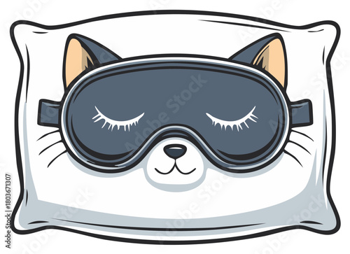 Cartoon Cat Face Sleeping with Eye Mask on Pillow Expressing Relaxation in Vector Illustration