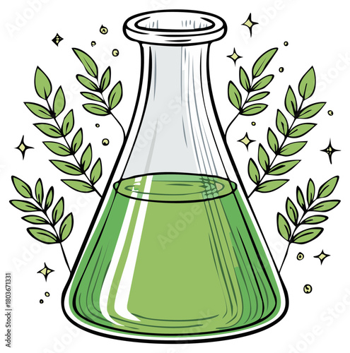 Green liquid in laboratory flask with plant branches and sparkling elements