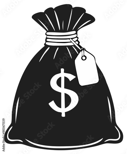 Black illustration of a money bag with a dollar sign and a blank tag tied with string