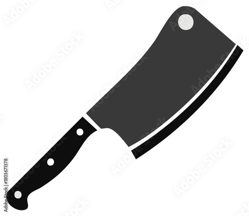 Sharp metal cleaver with black handle on a white background