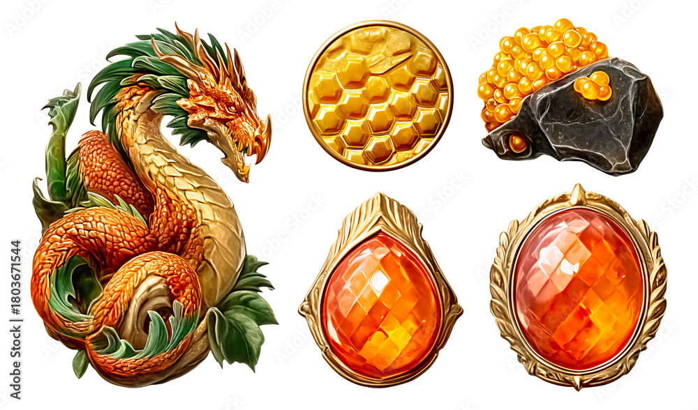 Fototapeta premium Majestic Dragon with Glittering Hoard Illustrations on Transparent Background