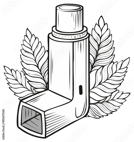 Asthma inhaler with decorative leaf elements in a simple line art illustration