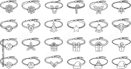 Outline vector set of Christmas-themed bracelets with various holiday charms like snowflake, reindeer, gift, and Santa hat, perfect for seasonal designs.
