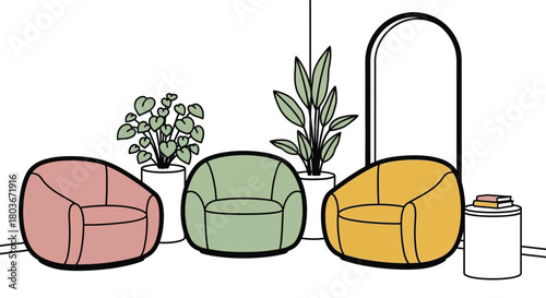 Stylish armchairs create a welcoming space with plants and soft light