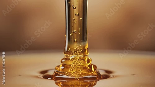 Close-up of golden, viscous liquid beautifully pouring, forming a thick, shimmering pool with elegant ripples against a warm, inviting background, capturing the luscious texture and rich, amber hue