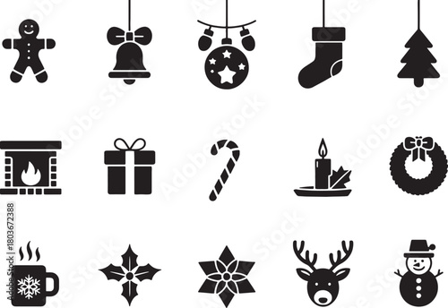 Christmas Vector Icons Set: Gingerbread, Tree, Stocking, Bells, Gifts, Reindeer, Snowman, Candy Cane, and More
