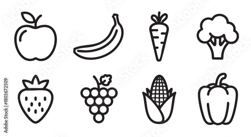 Iconic Fruit Collection Vector Graphic in Black and White Outline Style