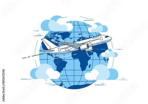 Airplane Flying Around the World Globe with Clouds.