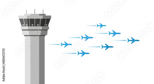 Air Traffic Control Tower with Airplanes in Flight.