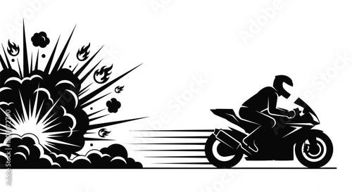 Dynamic motorcycle rider speeding away from fiery explosion scene