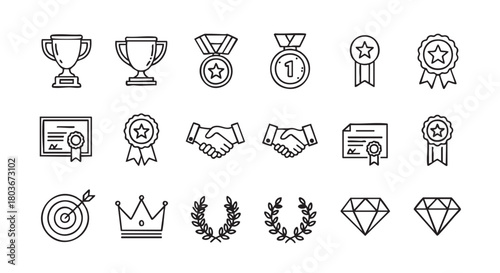 Line Art Illustration Featuring Awards Achievement and Business Success Elements