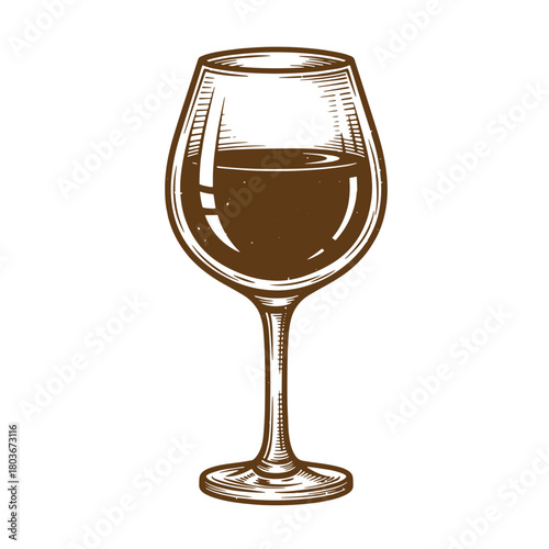 Hand drawn vintage sketch illustration of a wine glass filled with red wine