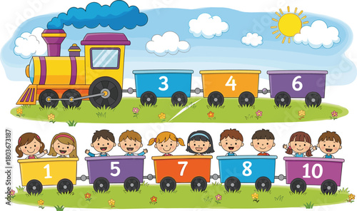 Cartoon toy trains with children, number learning, colorful cars, outdoor scene, educational illustration, counting fun, playful design, sunny day, grass field