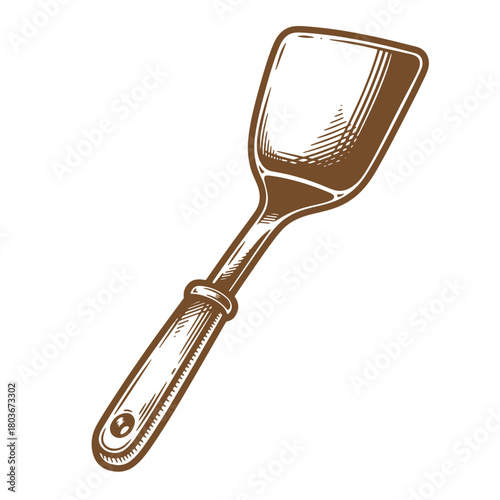 Detailed vintage sketch illustration of a brown wooden kitchen spatula on white background