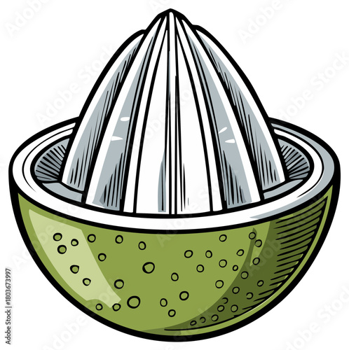 Green citrus juicer illustration with a dome shaped reamer with holes in it for juicing fruits
