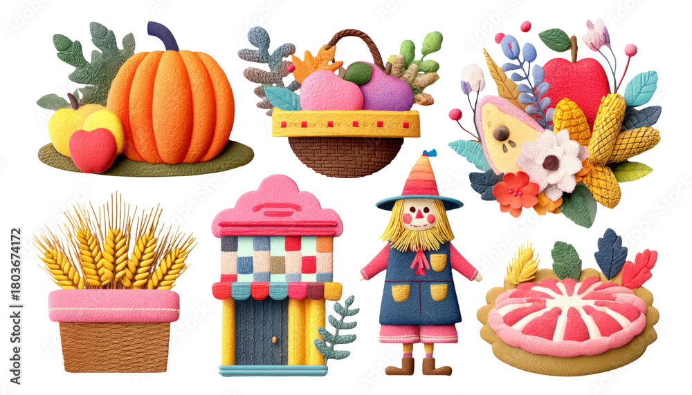 Obraz premium Colorful Pastel Autumn Harvest Elements with Scarecrow and Bountiful Baskets
