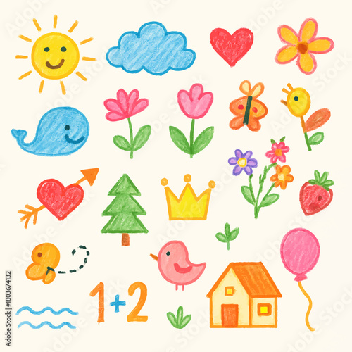 Hand drawn cute doodles set for kids design
