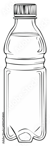Black and white line art drawing of an empty plastic drink bottle with screw cap