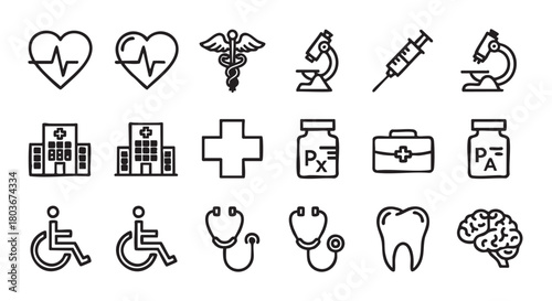 Medical health care icon doodle drawing heart hospital stethoscope symbols set