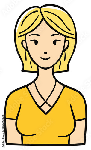 Friendly cartoon illustration of a cheerful blonde woman in a vibrant yellow top