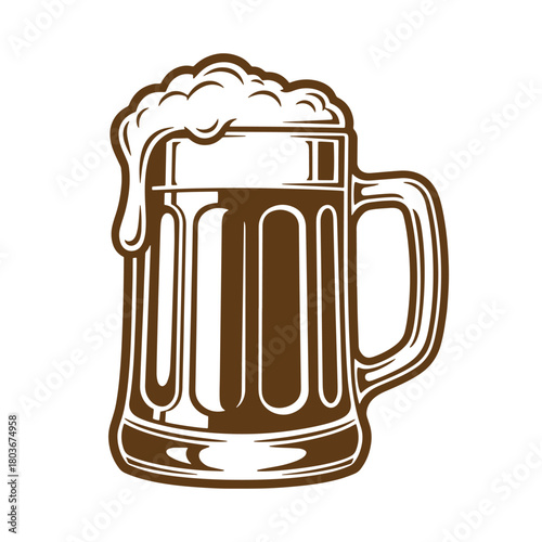 Vector illustration of a full mug of beer with frothy foam in a vintage sketch art style