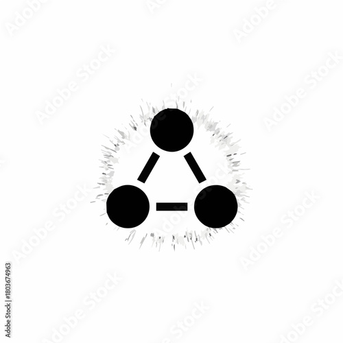 Black and white minimalist schematic icon of an Ozone molecule (O_3)—three connected circles—with a surrounding aura, symbolizing its protective layer and environmental defense role