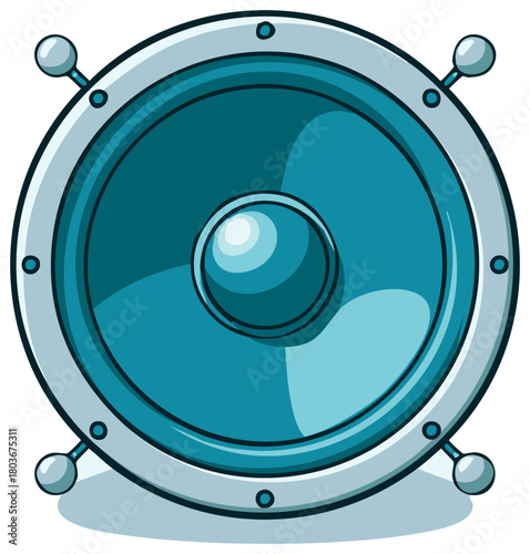Cartoon illustration of a round blue audio speaker for music and sound