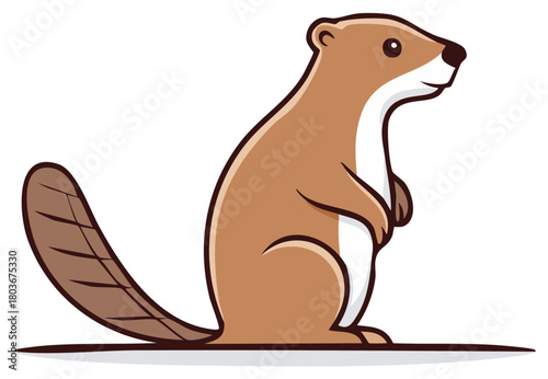 Cute vector illustration of a brown beaver standing tall on hind legs smiling