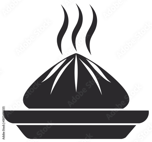 Steaming dumpling served on a plate, black and white simple vector icon