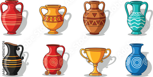 Colorful decorative vases, ceramic urns, artistic pottery, traditional designs, isolated on white, cultural patterns, home decor, vintage style, handmade craft