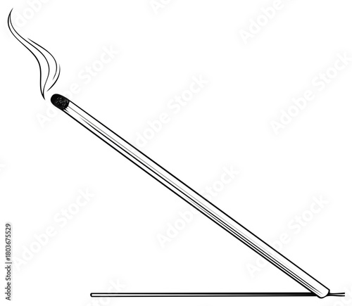 Line drawing of a matchstick with smoke and a partially burned match lying nearby for graphic representation and conceptual imagery
