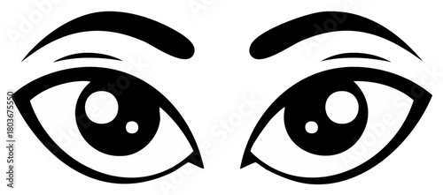 Stylized Black and White Eyes with Arched Eyebrows Looking Forward