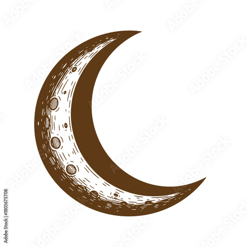 Hand drawn illustration of a brown crescent moon celestial body on a white background